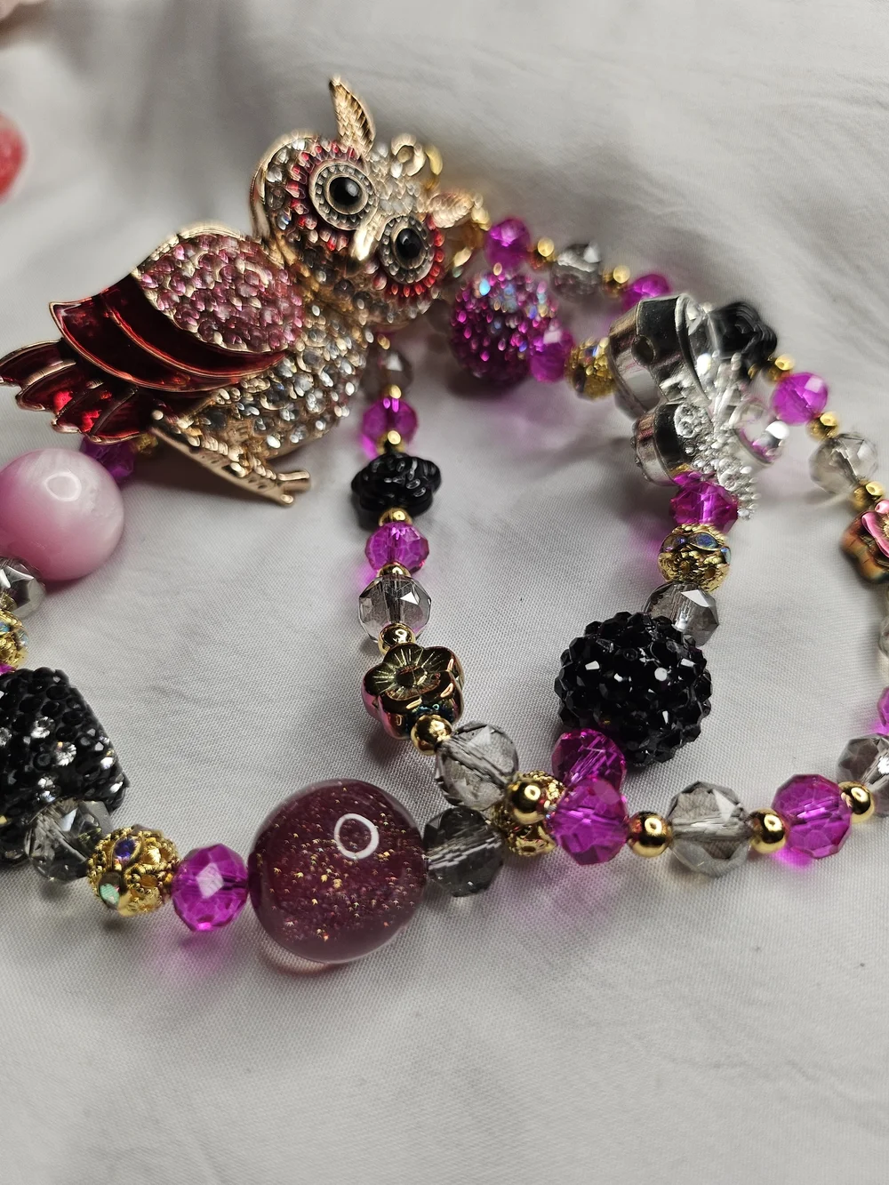 Gold Owl Charm Bag Chain in Pink and Black - Women Jewelry